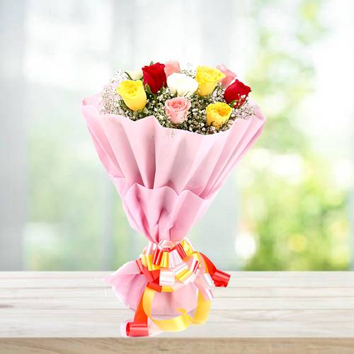 12 Mix Color Roses Stylish Bouquet