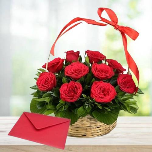 Red Rose Basket with Greeting Card