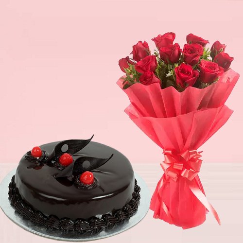 1 kg Chocolate Cake with 12 Red Rose Stylish Bouquet