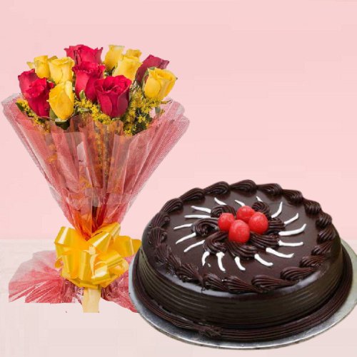 Beautiful Combo Mix Flowers Bouquet and Chocolate Cake