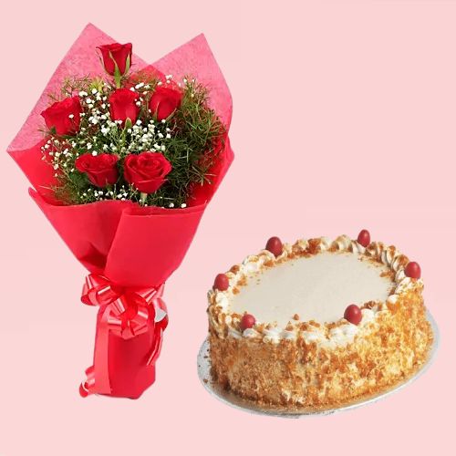 Butterscotch Cake Half Kg and 6 Red Rose Bunch