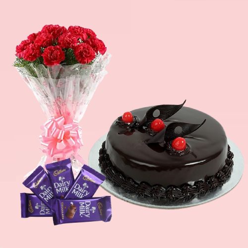 Chocolate Cake with Red Carnations Bouquet and Chocolate