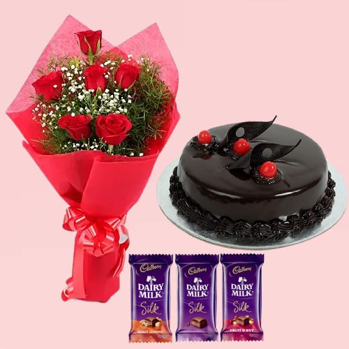 Delicious Chocolate Cake Half Kg and 6 Red Rose with Silk Chocolate