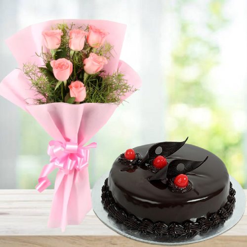 Delicious Half Kg Chocolate Cake and 6 Pink Rose Bunch