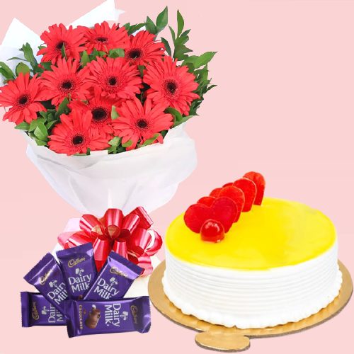 Delicious Pineapple Cake Half Kg with Red Gerbera Stylish Bouquet and Chocolate