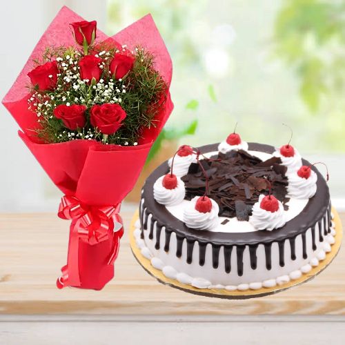 Half Kg Black Forest Cake and 6 Red Rose Bouquet