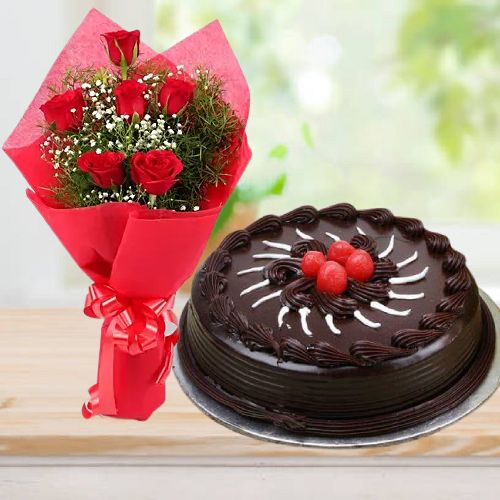 Half Kg Chocolate Cake and 6 Red Rose Bunch