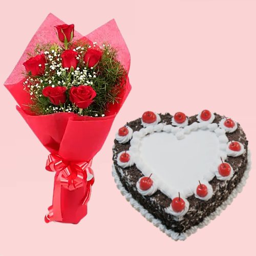 Heart Shape Black Forest Cake and 6 Red Rose Bouquet