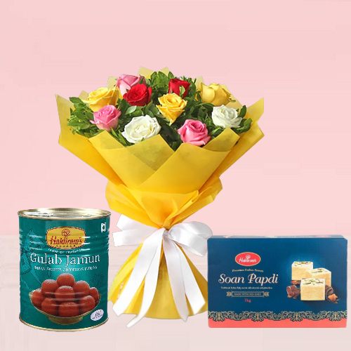 Buy Now Mix Rose Blooming Bouquet with Sweets Order In Tasty Treat Cakes