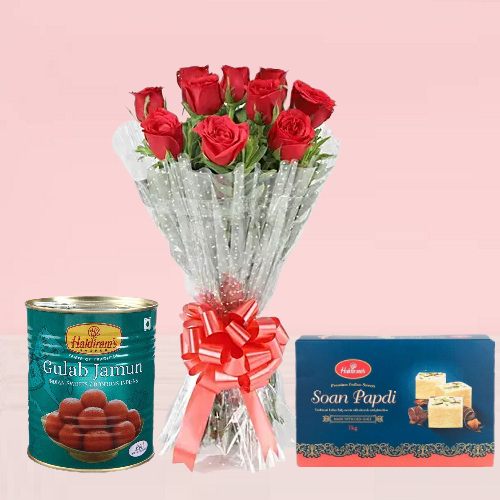 Order Now Special Sweets and Red Rose Blooming Bouquet - Tasty Treat Cakes
