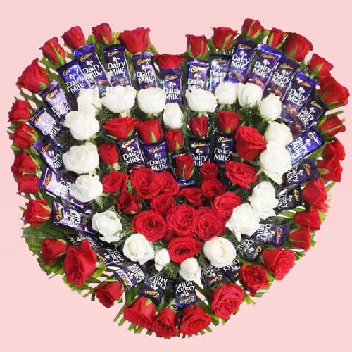 Heart Shape Arrangements of Roses and Cadbury Dairy Milk Chocolates