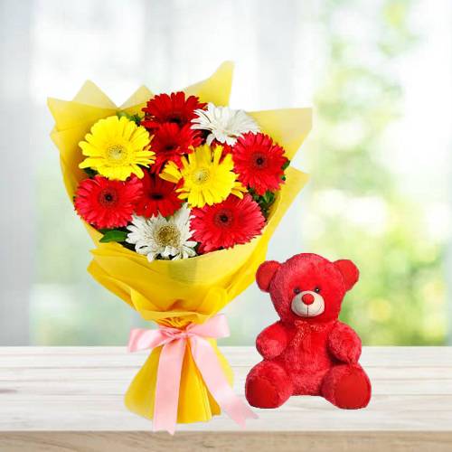 Beautiful Mix Gerberas Bouquet with Red Cute Teddy