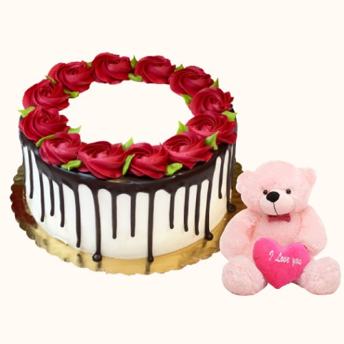 Beautiful Rose Design Cake with Pink Teddy Bear