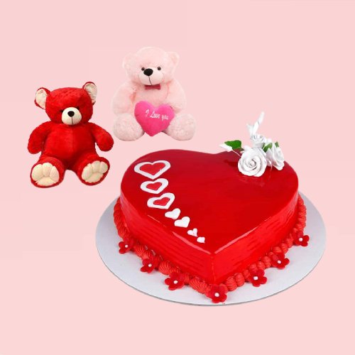Delicious Heart Shape Cake with Two Teddy Bear