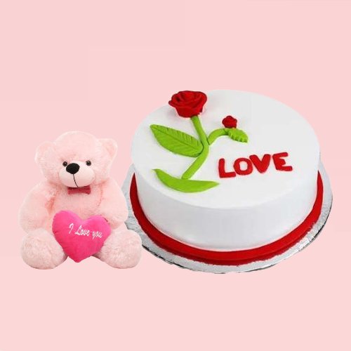 Delicious Vanilla Rose Love Cake and Pink Love Teddy Bear