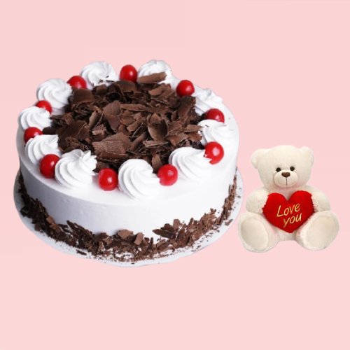 Delight Black Forest Cake with White love Teddy Bear