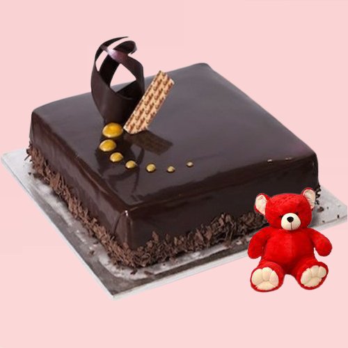 Delight Chocolate Cake and Red Teddy Bear