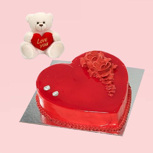Delight Heart Shape Strawberry Cake with White Teddy Bear