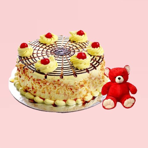 Deluxe Butterscotch Cake with Red Teddy Bear