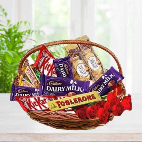 Chocolate with Red Roses Arrange in Basket