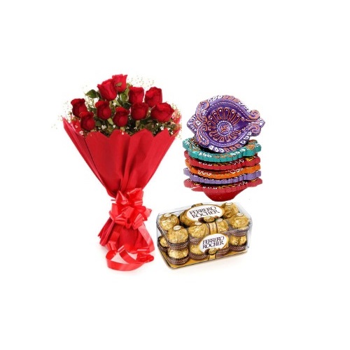 Red Rose Bouquet with Ferrero Rocher Chocolate and Eco Friendly Fancy Clay Diya