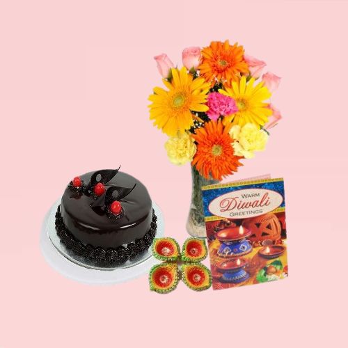 Diwali Special Combo Cake and Flowers with Clay Diya
