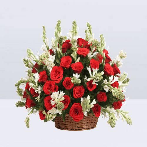 Fragrant Rajnigandha and Red Rose in a Basket
