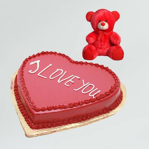 Buy Order Now I Love U Heart Shape Cake with Red Teddy
