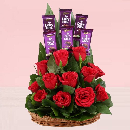 Buy Now Arrangement Red Roses With Dairy Milk Chocolates Basket
