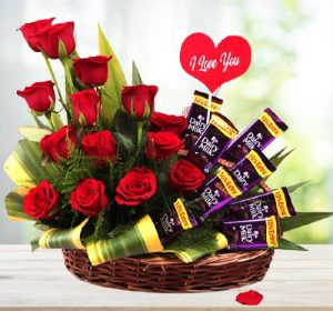 Buy/Send Online Romantic Love Red Roses with Dairy Milk Chocolate Basket